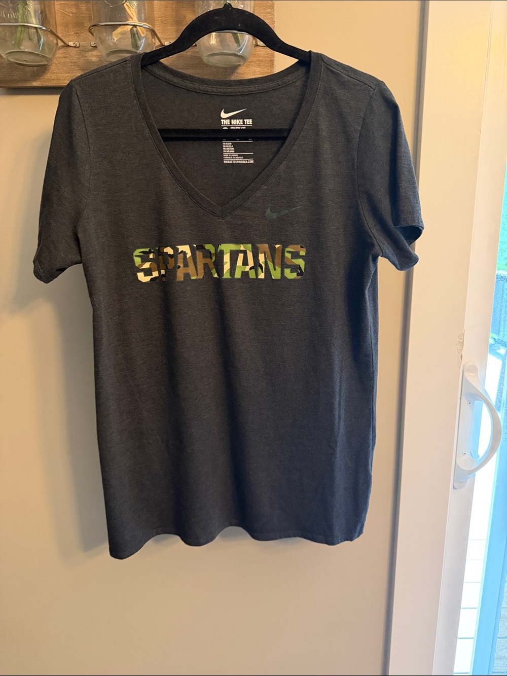 Nike Charcoal V-Neck Tee with Green Camo Spartans Logo